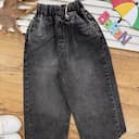 شلوار جین نیم بگ ذغالی کمرکش آکو 1354